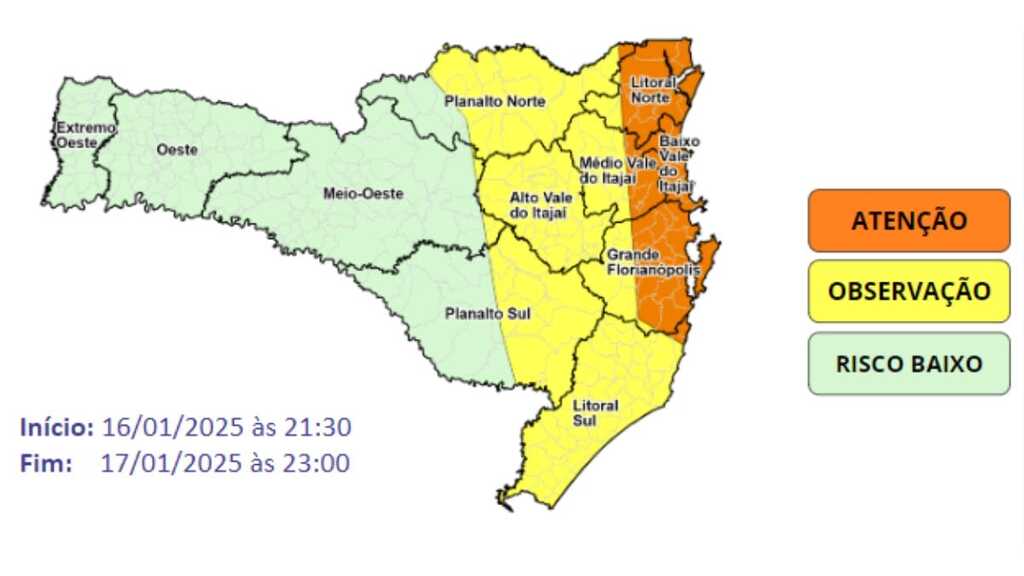 Aviso Defesa Civil elaborado em 16 de janeiro às 21h30 – N° 06/2025 (Fonte: Defesa Civil SC) - 