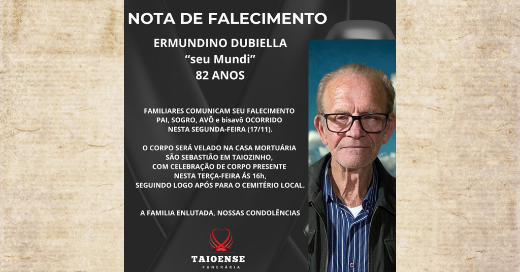 Falecimento de Ermundino Dubiella aos 82 anos é comunicado pela família